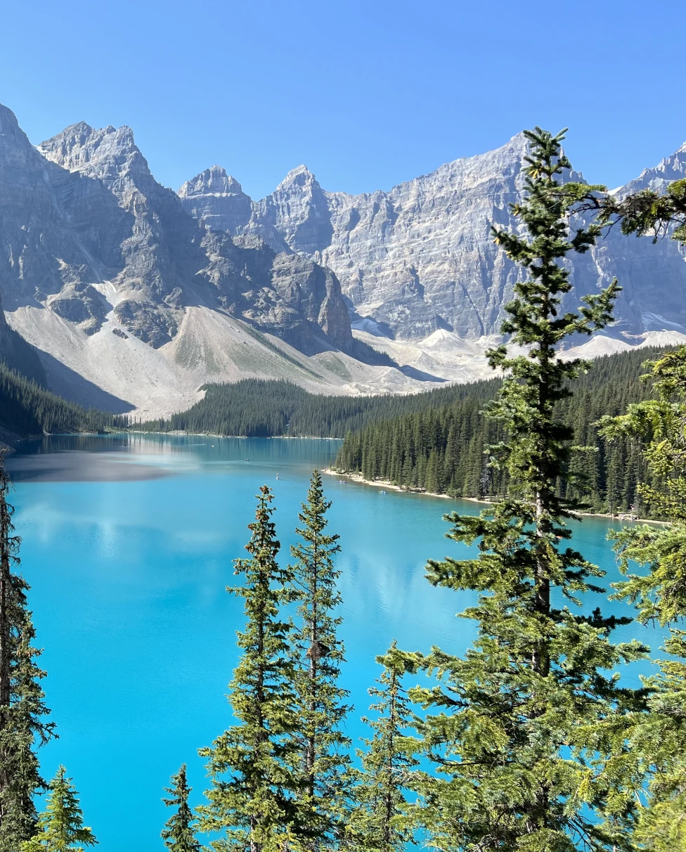 A beautiful view of Moraine Lake with trees and mountains in view