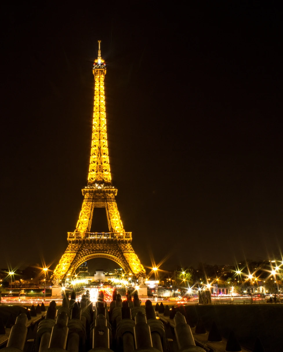 An aerial view of the Eiffel tower during nighttime.