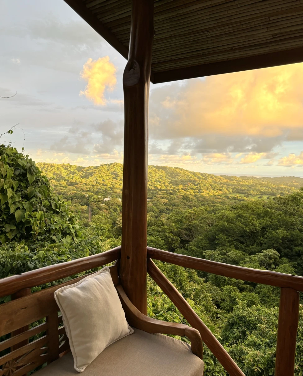 The image offers a scenic view of a lush green forest from a wooden balcony, complete with a single cushioned chair during sunset, exuding tranquility.