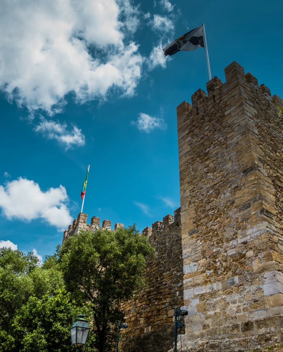 A low angle view of the outside of a castle during the daytime.