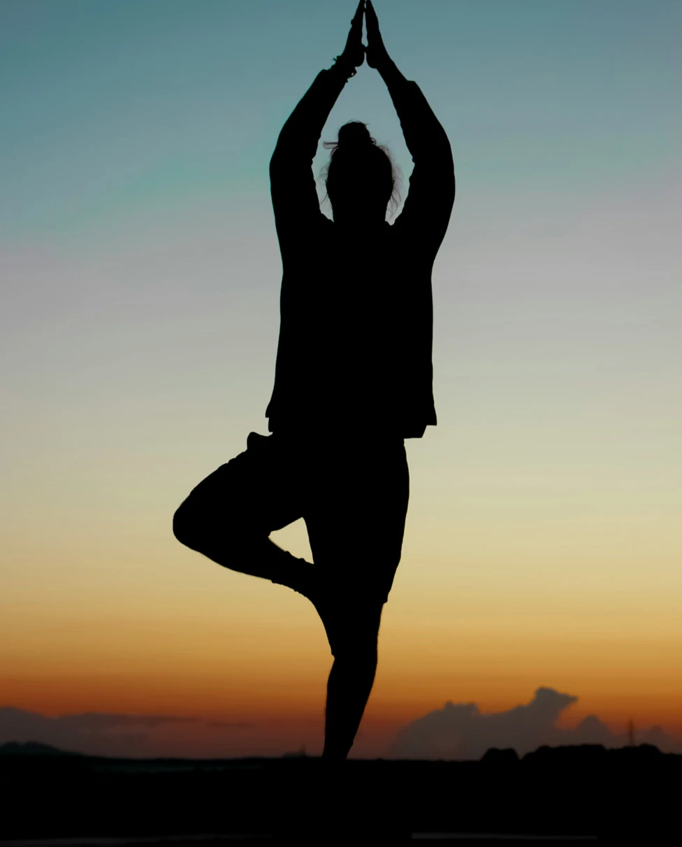 Silhouette of a person in a standing yoga pose during the sunrise
