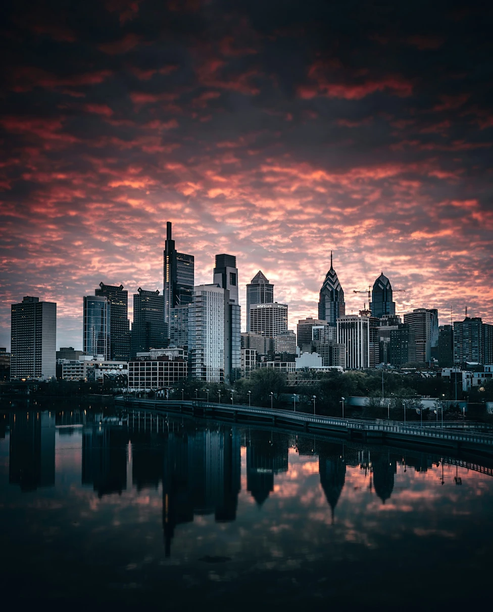 An aerial view of Philadelphia skyline during the sunset.