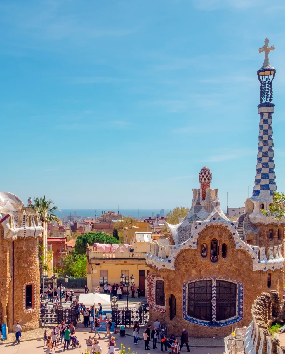 An aerial of view of the city with a group of people walking on the street