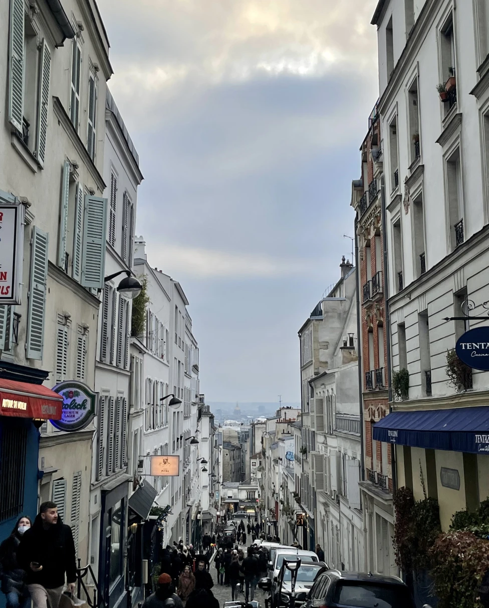 The image portrays a vibrant street scene in a Paris, bustling with people and lined with classic architecture under a cloudy sky.