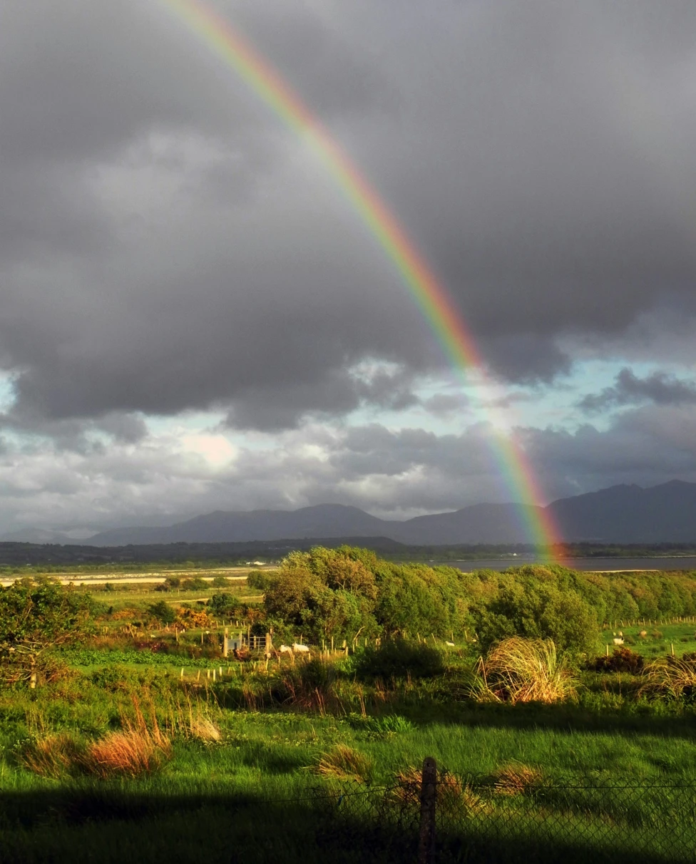 Rainbow over a green field, a highlight of an Ireland 7 day itinerary.