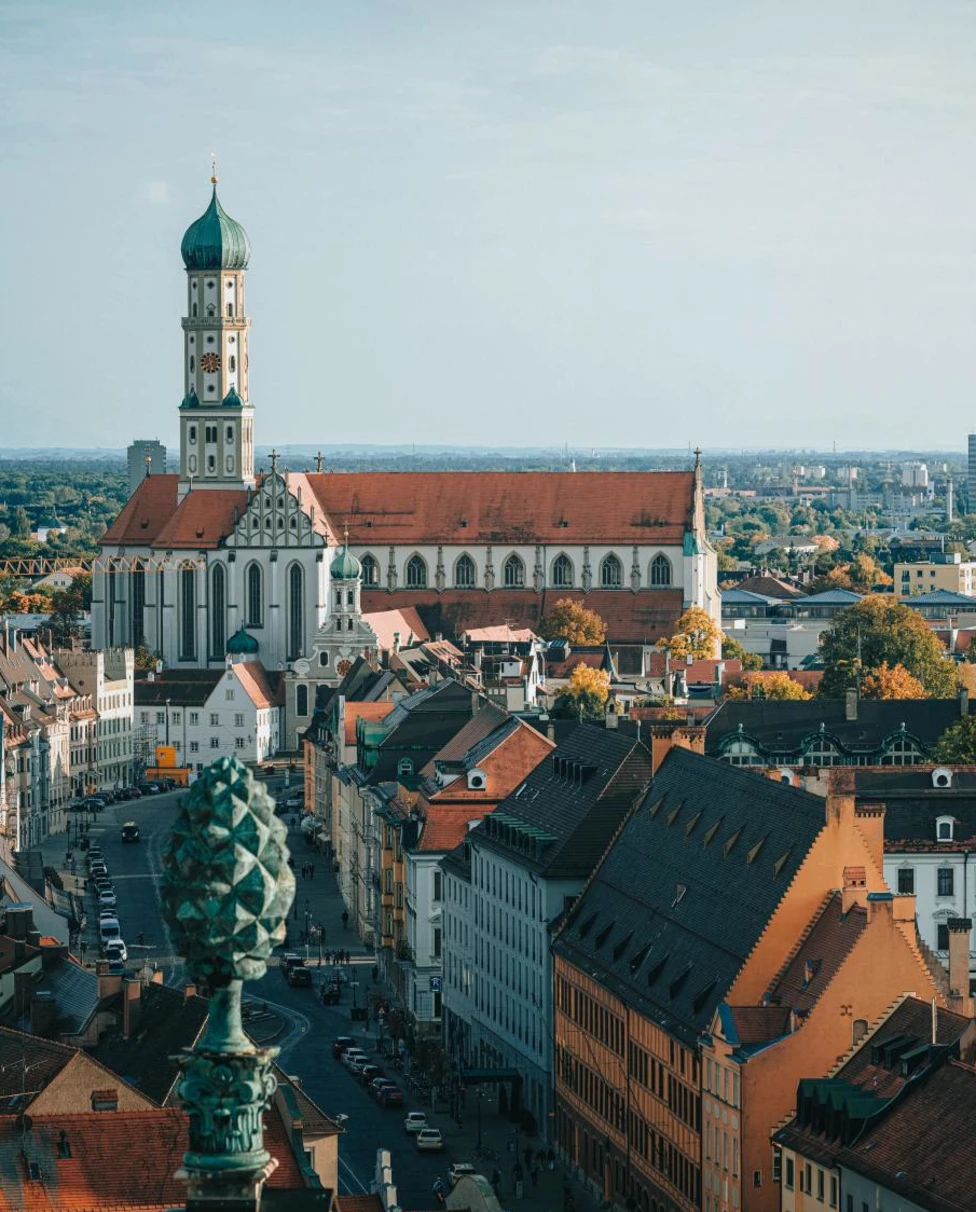 Skyline view of historic buildings and streets in Augsburg, Germany.