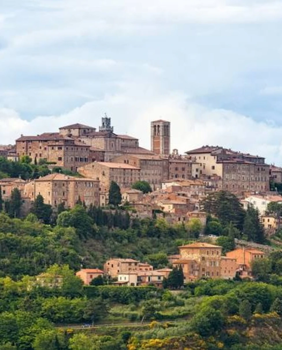 Brown buildings on green hills.