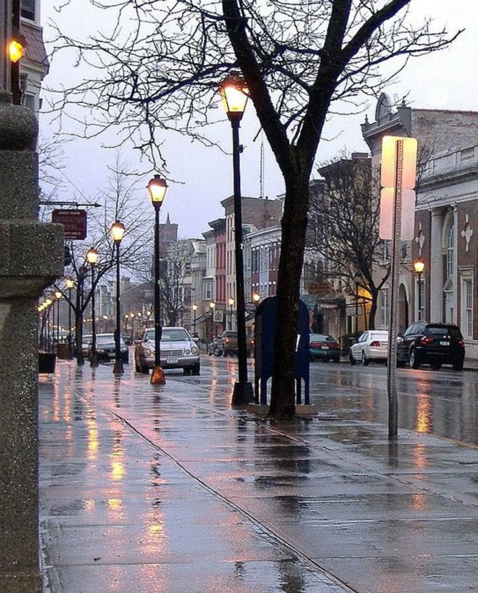 A street wet with rain during the evening