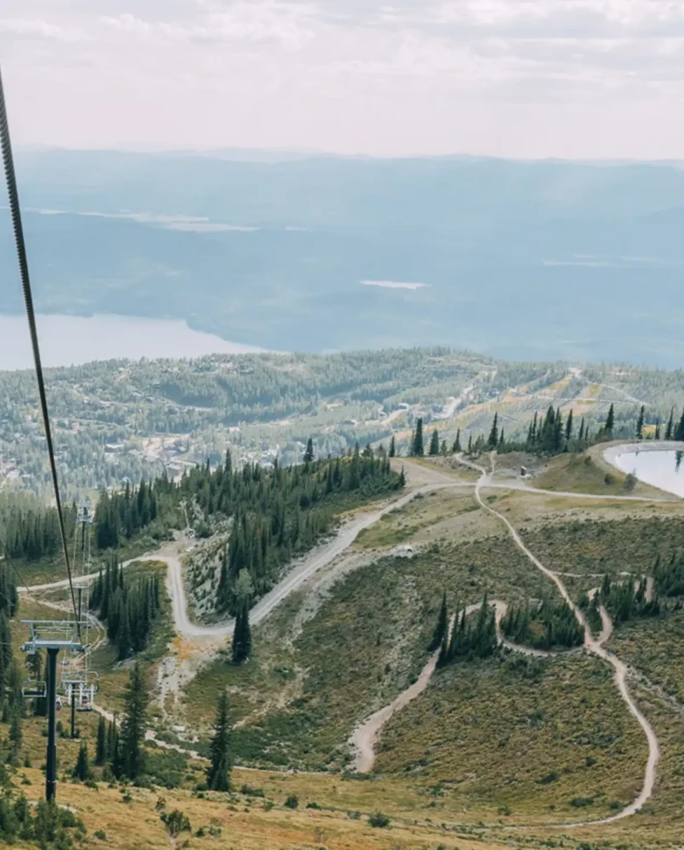 A picture of a ski hill, ski lift and pine trees with mountains and trails in the distance during the warmer seasons.