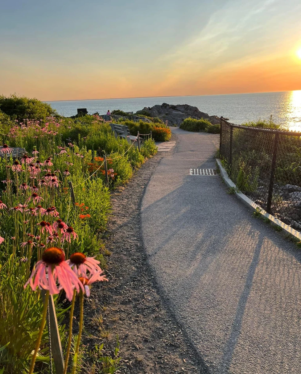A walkway by the water during a sunset
