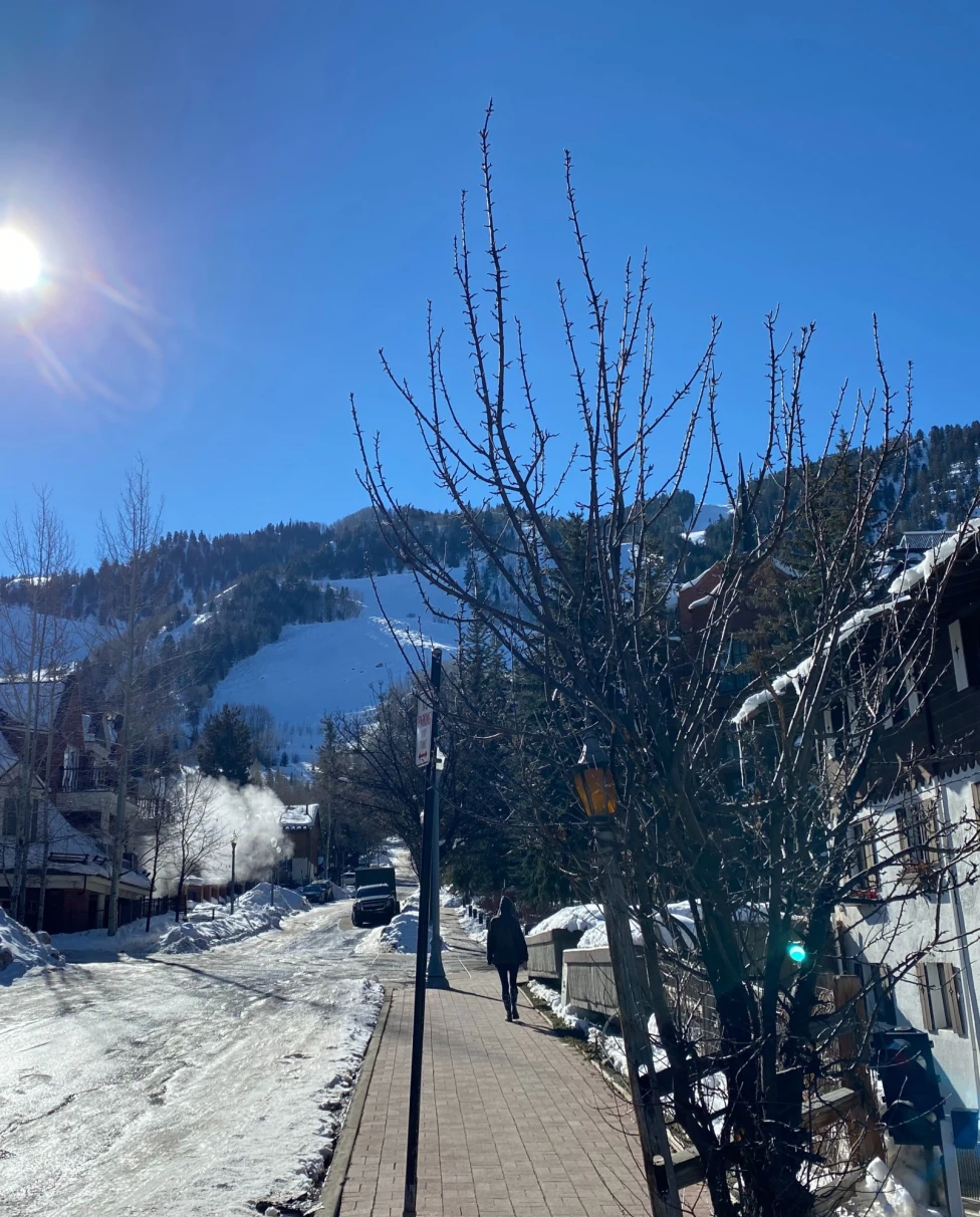 Snow covered road in front of buildings and a mountain in the distance.
