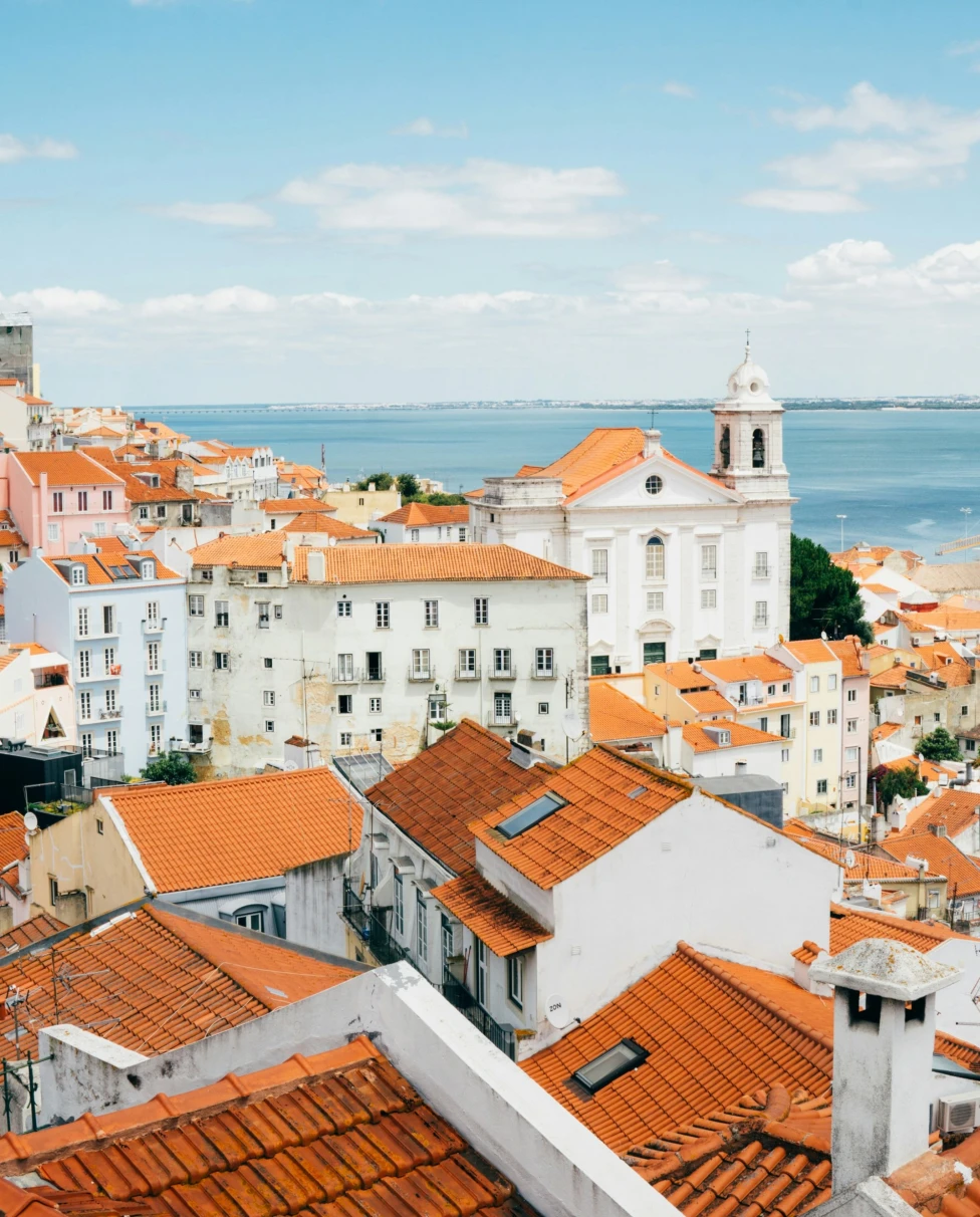 Landscape photography of orange roof houses near body of water.