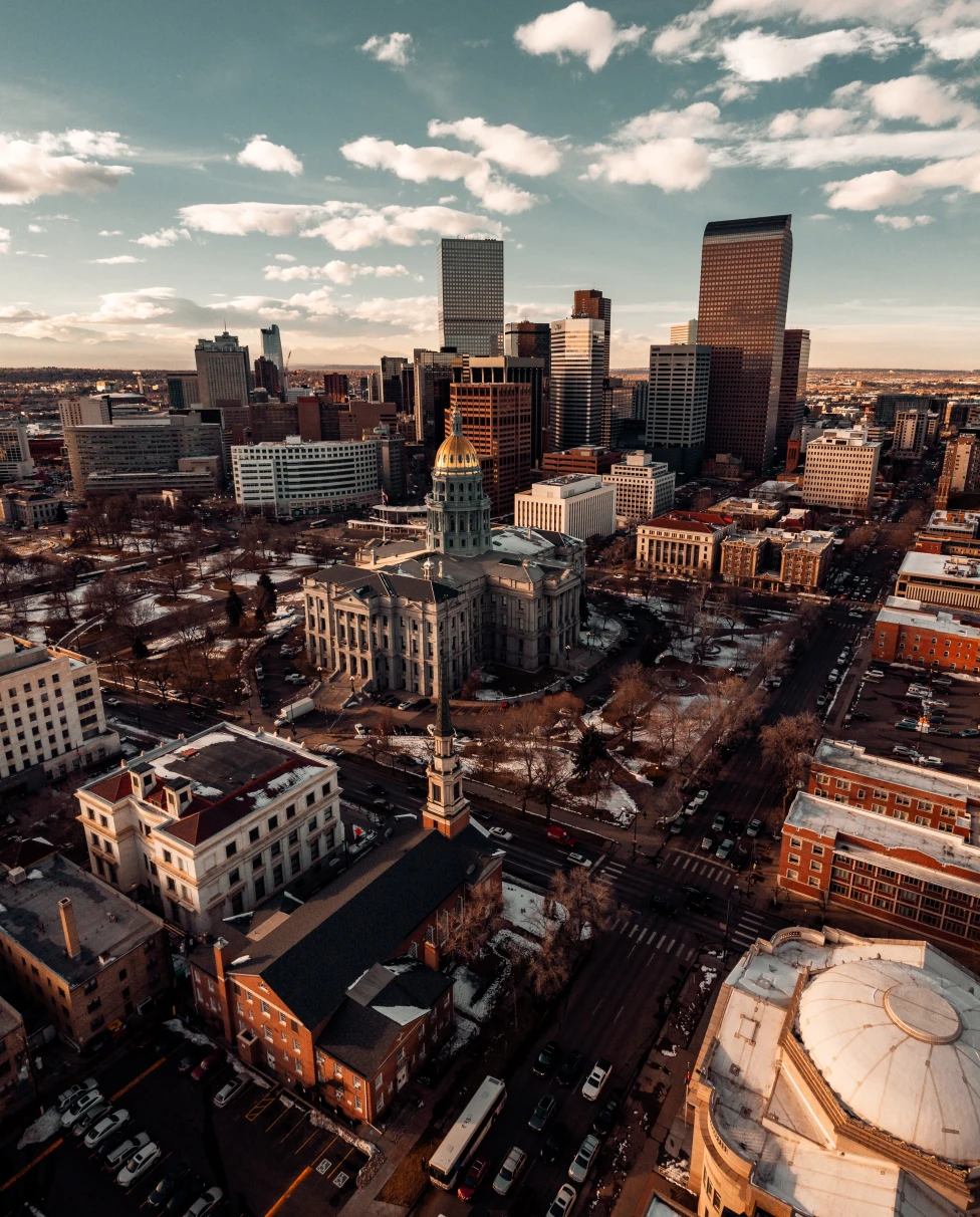 An aerial shot of the buildings of Denver, Colorado.
