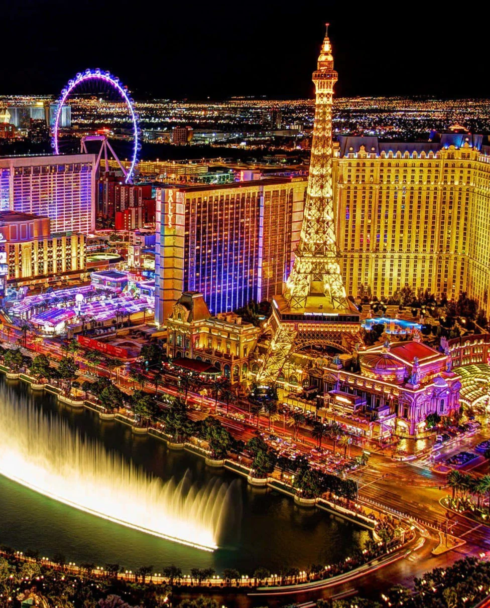A pool with pink chairs and palm trees. 