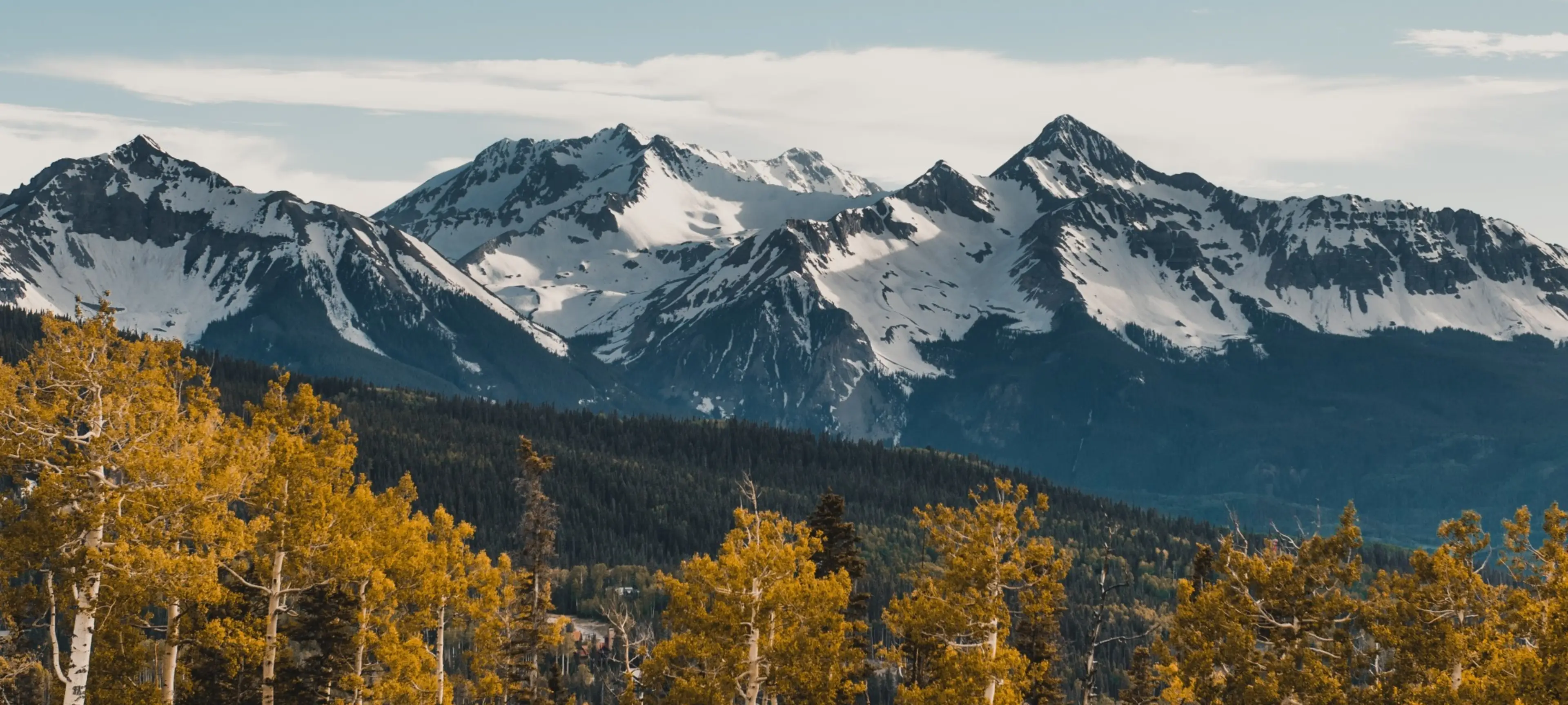 Snow covered mountains with trees in the front.