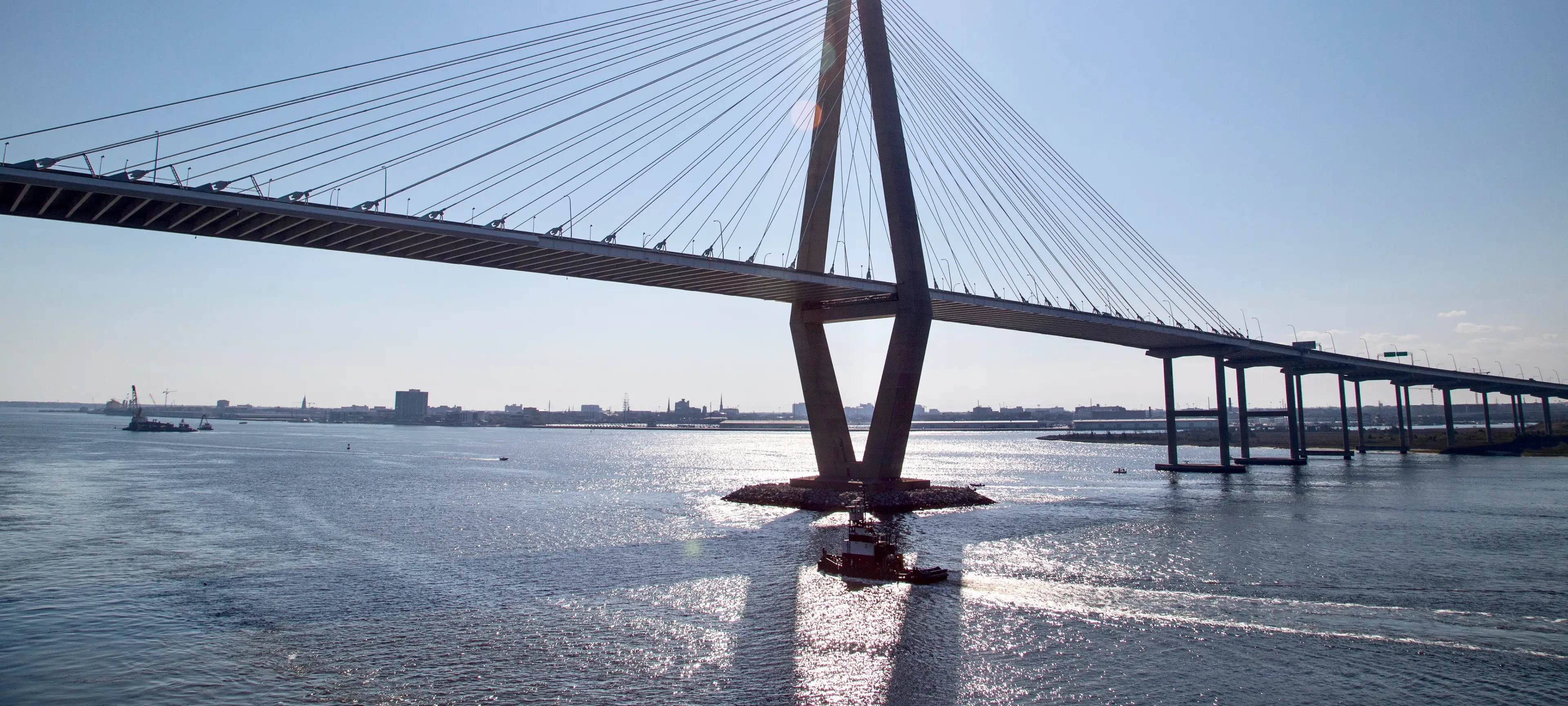 A view of Charleston Harbor and the bridge leading you over the water.