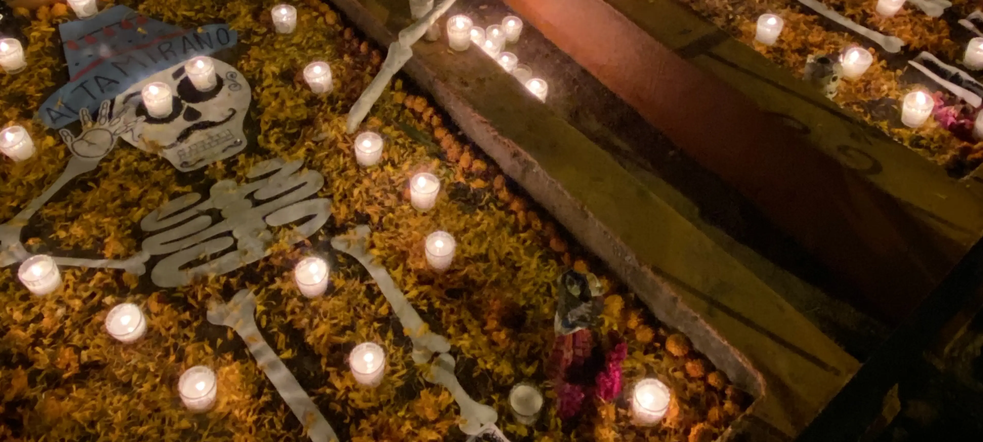Two fake skeletons laying in a float in a dark, candle-lit room