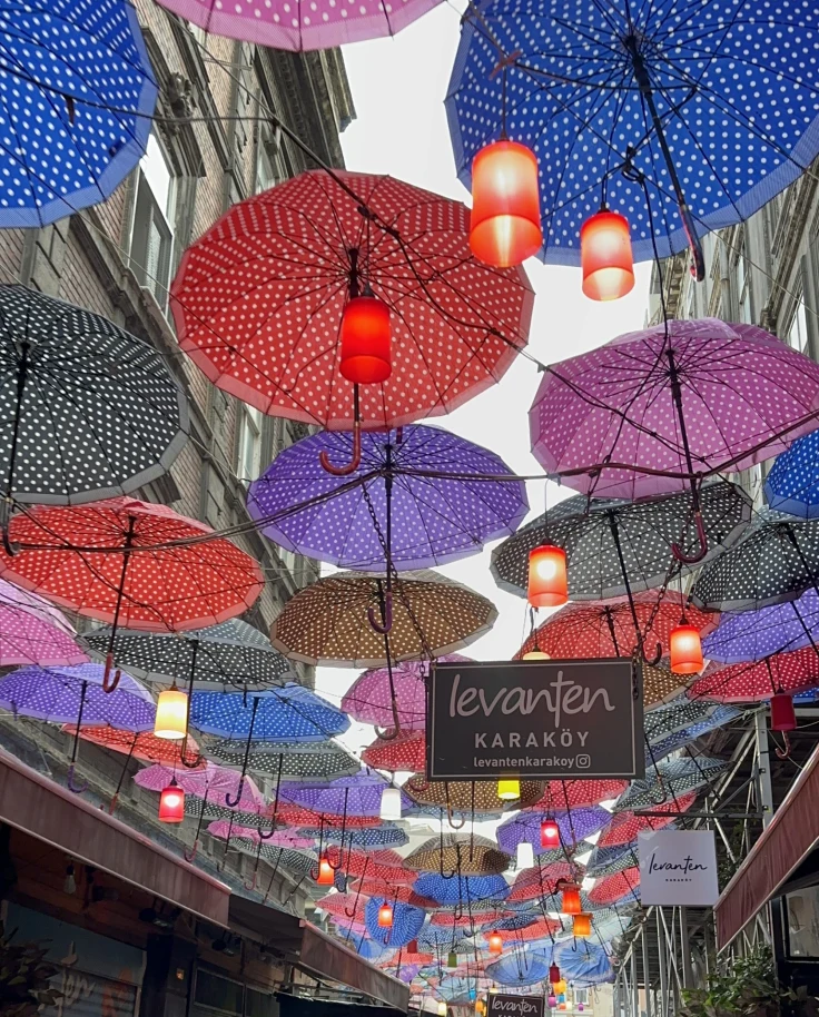 Karakoy District has lovely umbrellas overlooking the streets. You can find the famous Gulluoglu 1843 baklava in Karakoy district.