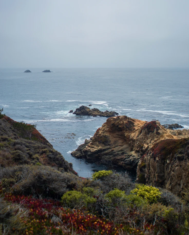 A view of the ocean and rocky coastline at Monterey on a cloudy day.