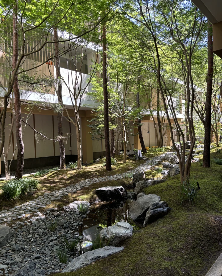 Outside view of the hotel surrounded by trees