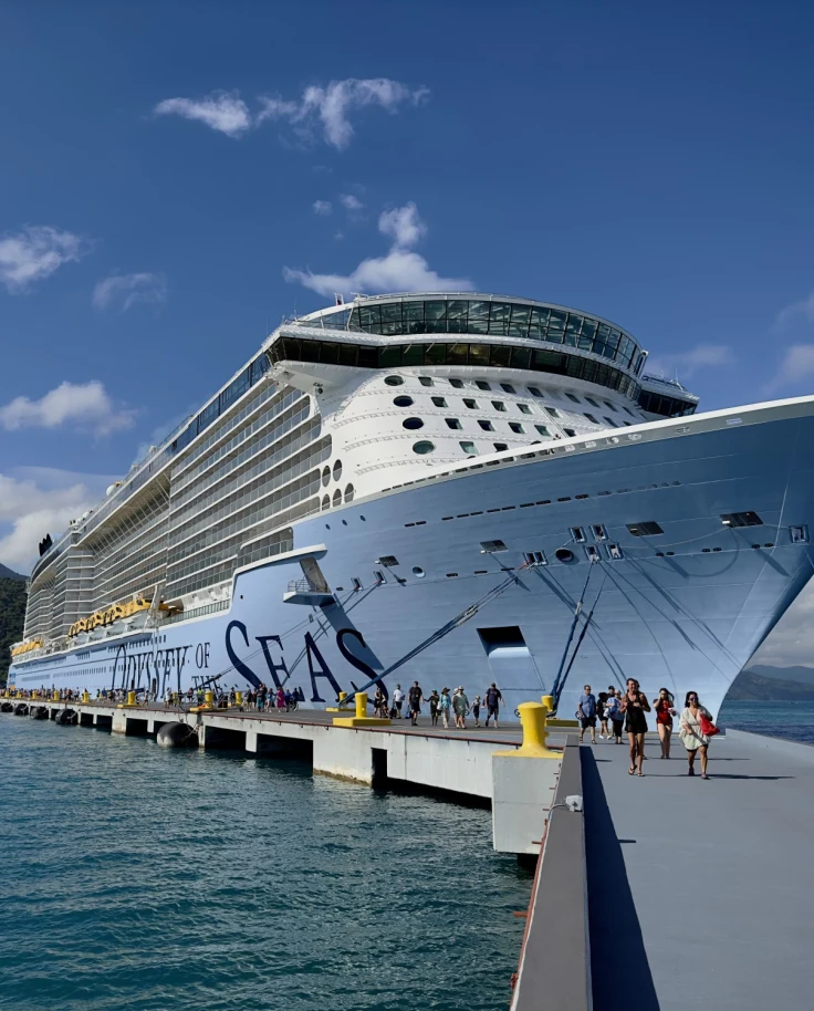 A large cruise ship docked at a port in the water