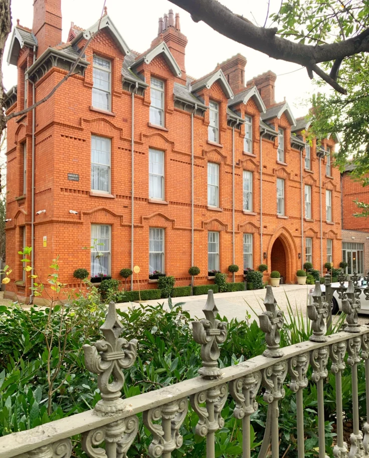 The front of a red brick building
