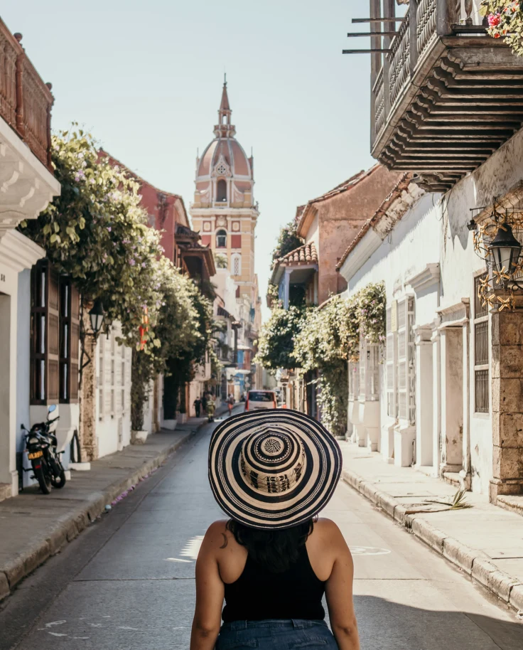 A person wearing a patterned hat standing in a street with their back to the camera during daytime