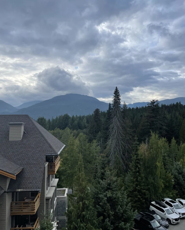 A view of a resort balcony, pine trees and a mountain in the distance on a cloudy day.