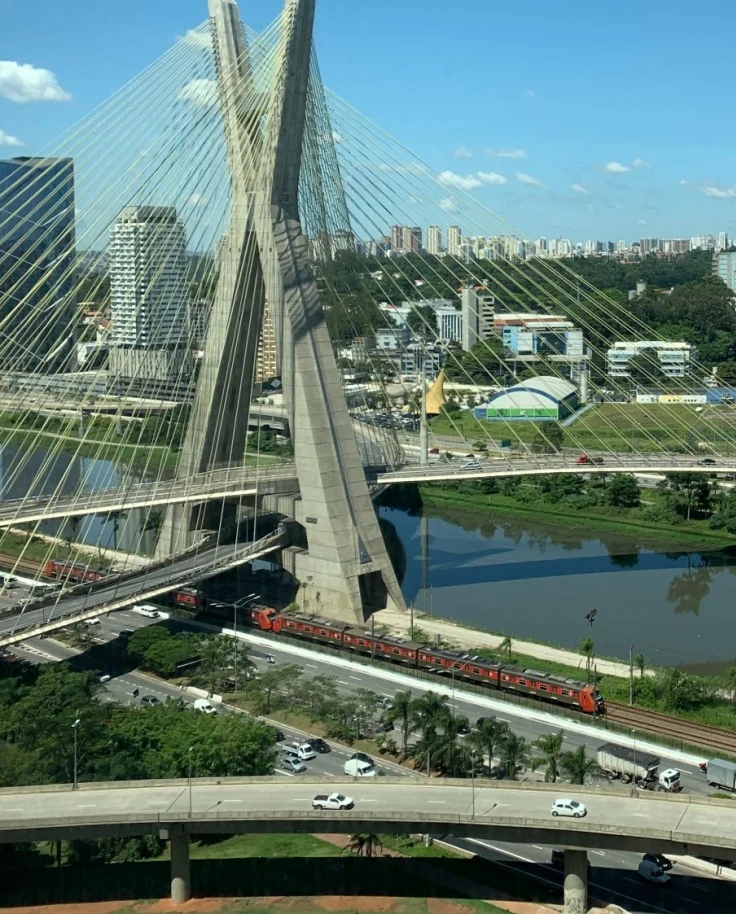 Bridge over a river with a city skyline behind.