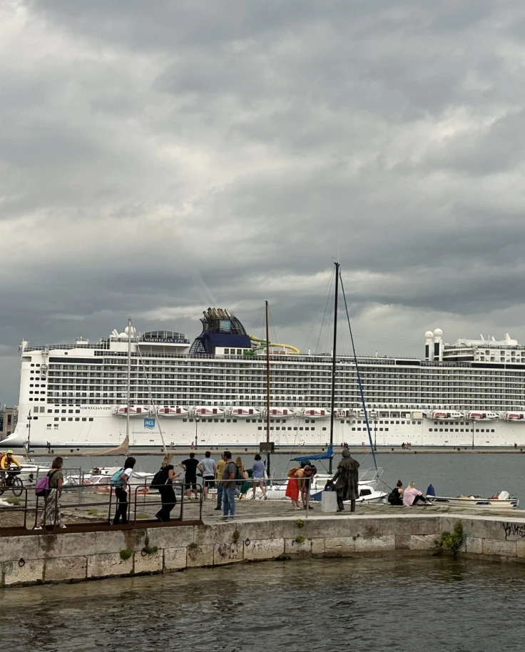 A cruise ship in a harbor with a line of people standing on a pier in front of it.