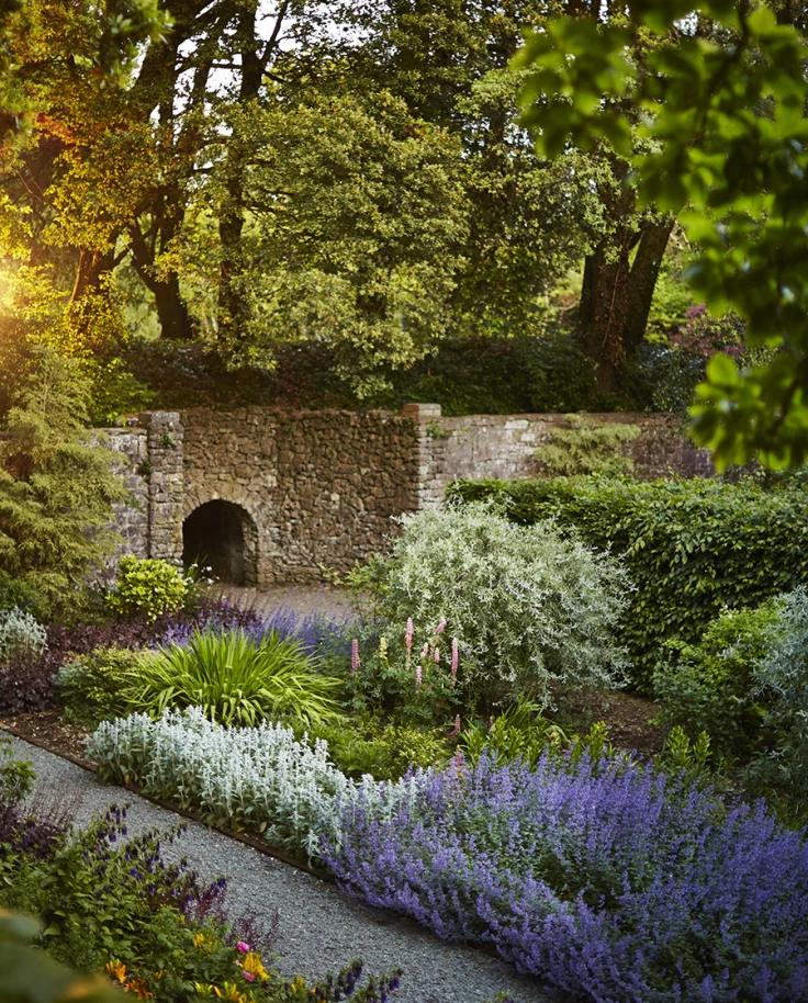 A stone wall with an archway surrounded by a lush shade garden with greenery and purple flowers at the Ashford Castle, one of the best 5 star hotels Ireland.