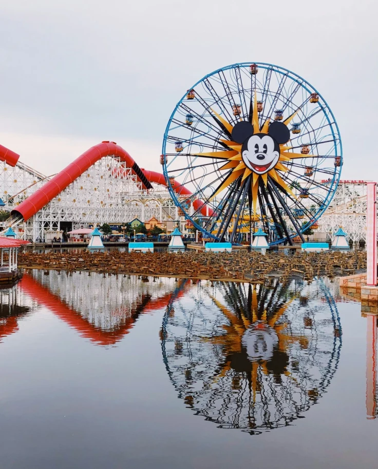 View of Disneyland Park overlooking the water on a cloudy day.