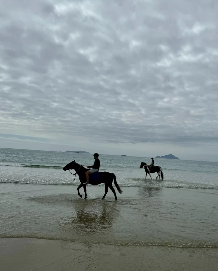 Horses riding on the beach.