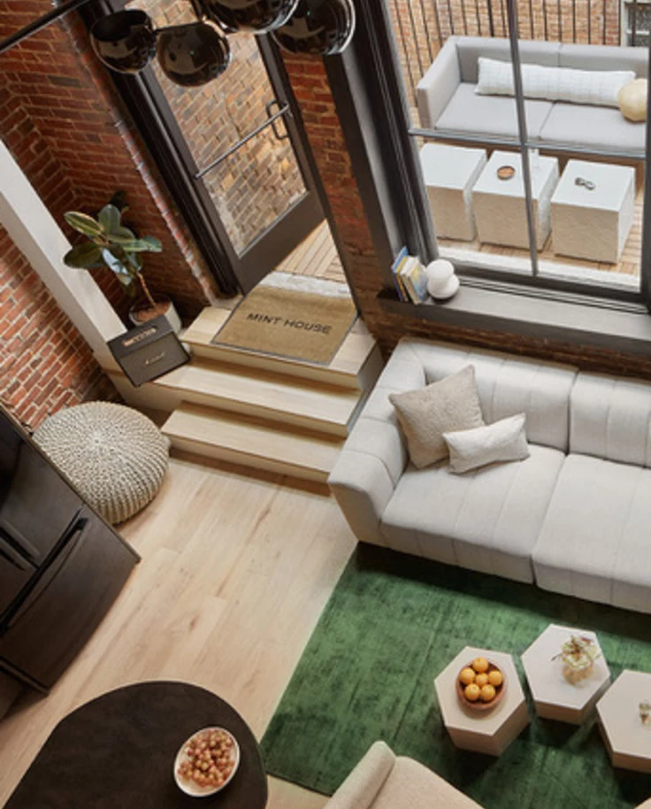 A lounge area of a hotel taken from above