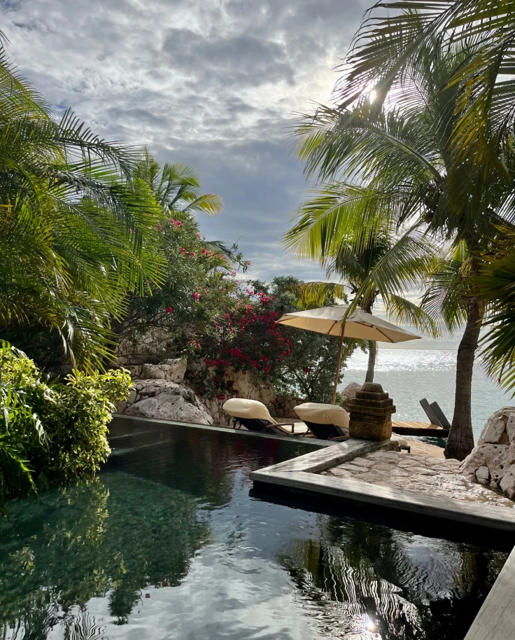 A pool area surrounded by trees and greenery during a cloudy day
