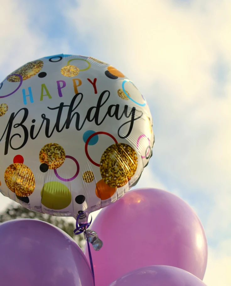 A group of four balloons, three of them being purple and the fourth one multicolored with text that reads "Happy Birthday". There is a cloudy sky in the background.