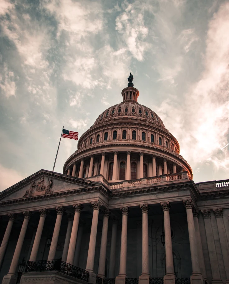 A low-angled view of the United States Capitol building