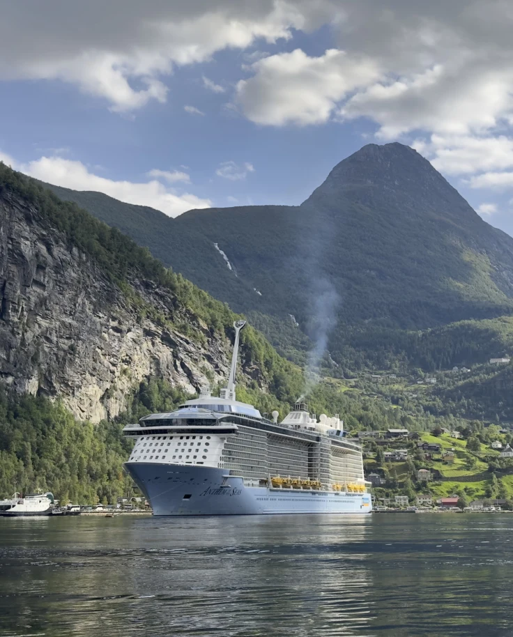 A cruise ship in the water surrounded by green mountains