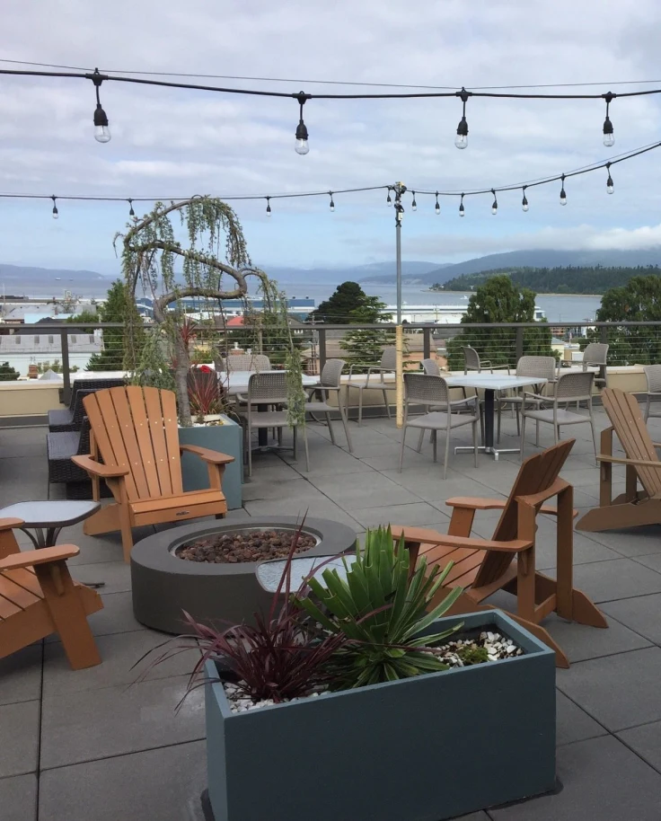 A rooftop seating area during the daytime