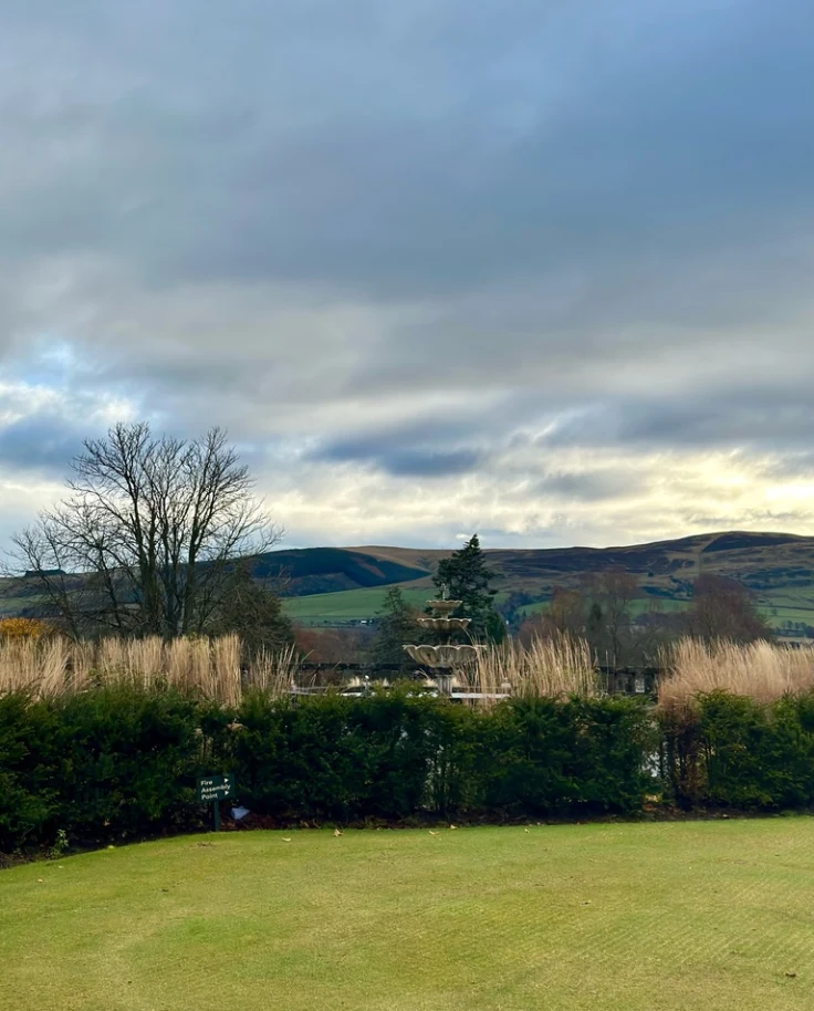 Skyline and garden view with mountains in the distance.