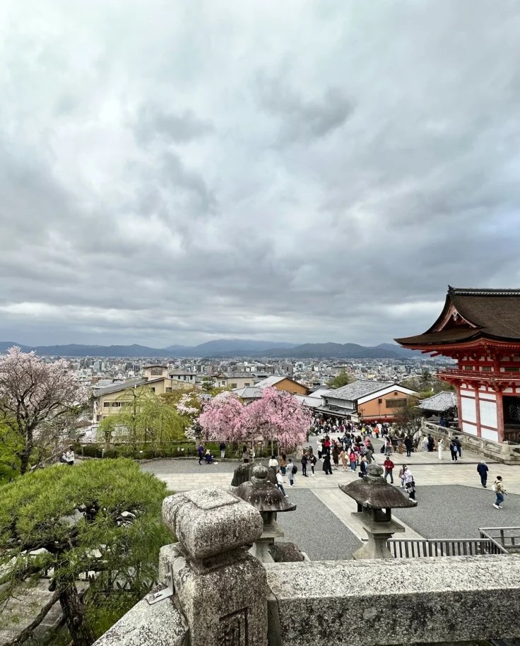 View of the valley with a Japanese temple in the background.