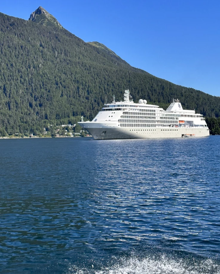 Cruise ship with mountains in the background.