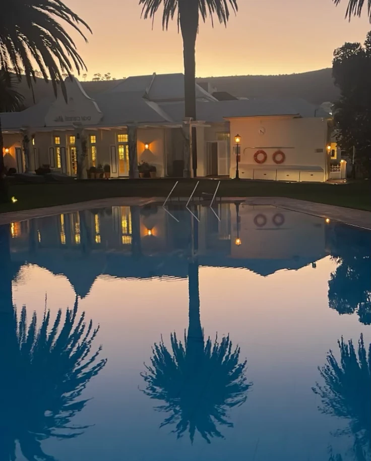 Palm trees over a pool with a sunset in the background.