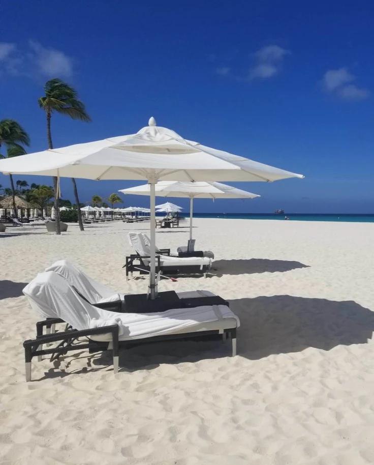 Lounge chairs on a sandy beach during daytime