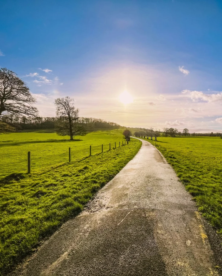 A graveled road winds through a green valley surrounded by sparse trees on a sunny day.