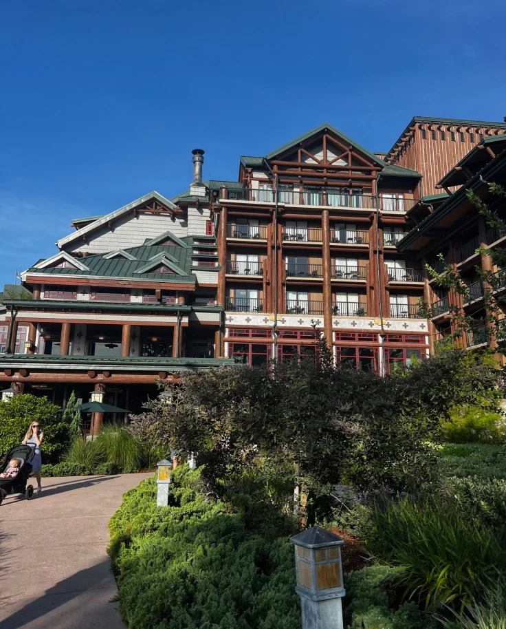 Outside view of the resort which looks like a rustic lodge.