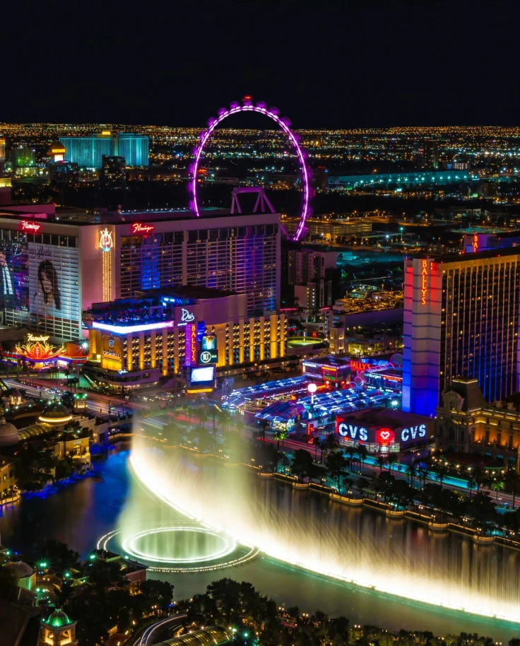 An aerial view of Las Vegas strip in February with illuminated hotels and streets
