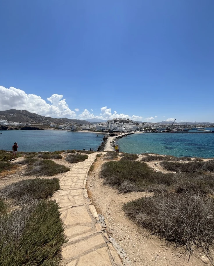 A view of sand dunes with a path winding towards the sea.