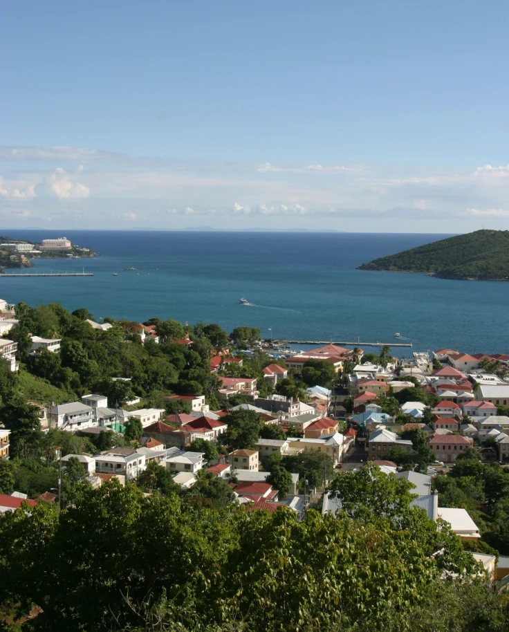 Hilltop view of Charlotte Amalie town and harbor, St. Thomas.