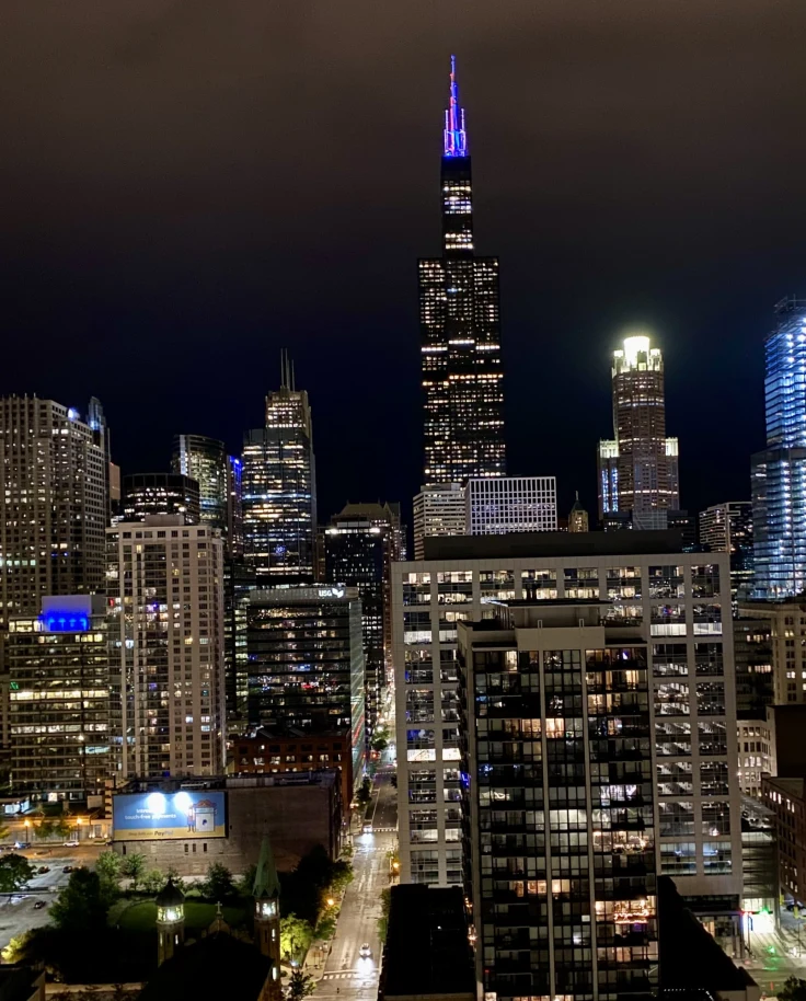 The Chicago skyline at nighttime